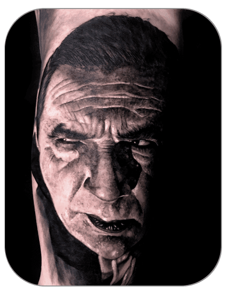 Tattoo retrato de Bela Lugosi Dracula hecho por Azumi, tattoo realistatattoo Mollet del Vallès (Barcelona)