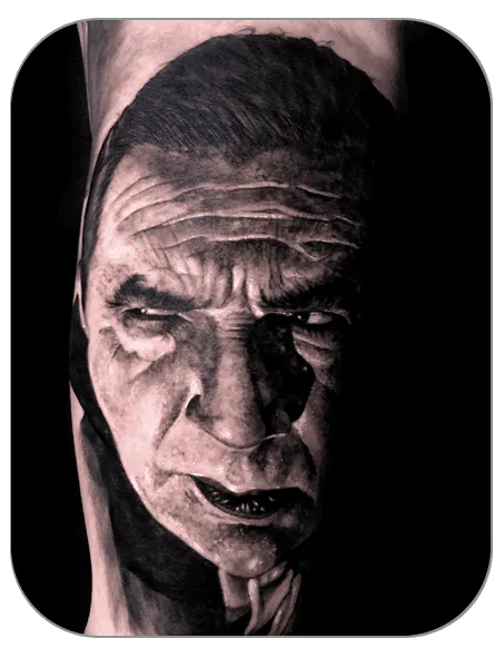 Tattoo retrato de Bela Lugosi Dracula hecho por Azumi, tattoo realistatattoo Mollet del Vallès (Barcelona)