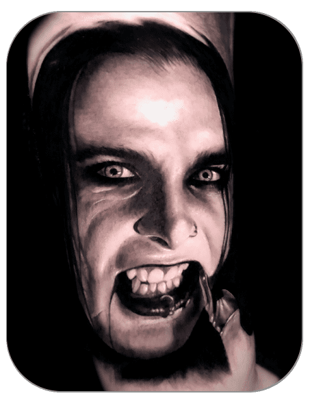 Tattoo retrato de Dani Filth cantante de Cradle of Filth Portrait hecho por Azumi, tattoo realista, tattoo Mollet del Vallès (Barcelona)