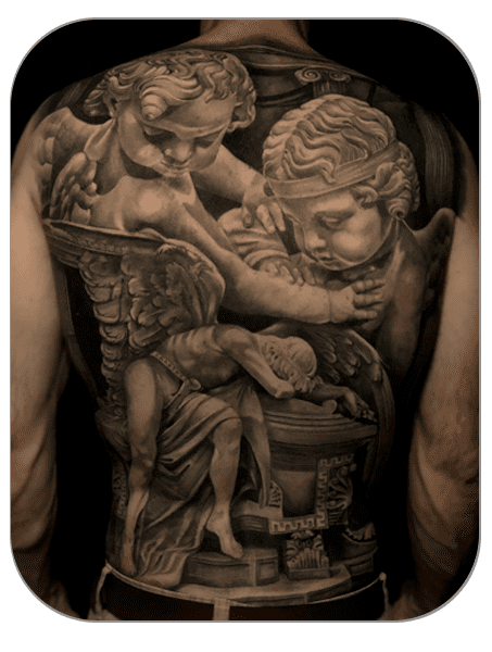 back espalda angels tattoo azumi, tattoo realista, tattoo Mollet del Vallès (Barcelona)