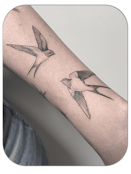 tatuaje golondrinas estilo Fineline hecho por Carla en the last gallery tattoo studio Mollet del Vallès, Barcelona, tatuaje femenino y fino