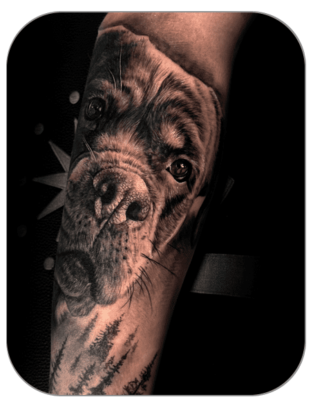 tatuaje rottweile realista, perro hecho por Azumi en The last gallery tattoo