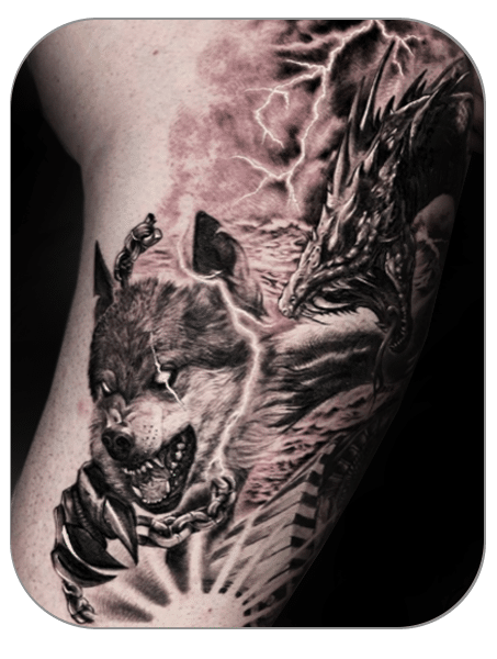 tatuaje de lobo en pierna hecho por Noe en The last gallery tattoo studio en Mollet del Vallés , Barcelona